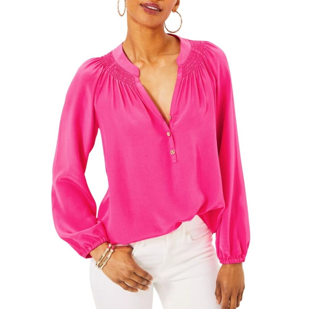 Lilly Pulitzer Elsa Top 100% Silk Aura Passion Fruit Pink Solid Womens S Smocked